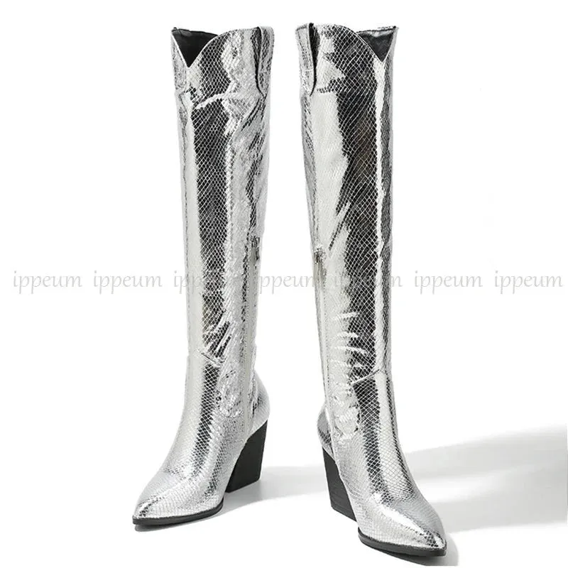 Metallic Silver Women Chelsea Boots Chunky High Heel Pointed Toe Knee High Shoes Western Cowboy Boots