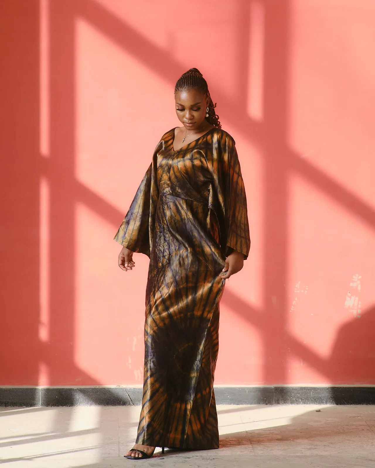 Natasha Golden Brown and Black Silk Maxi Dress