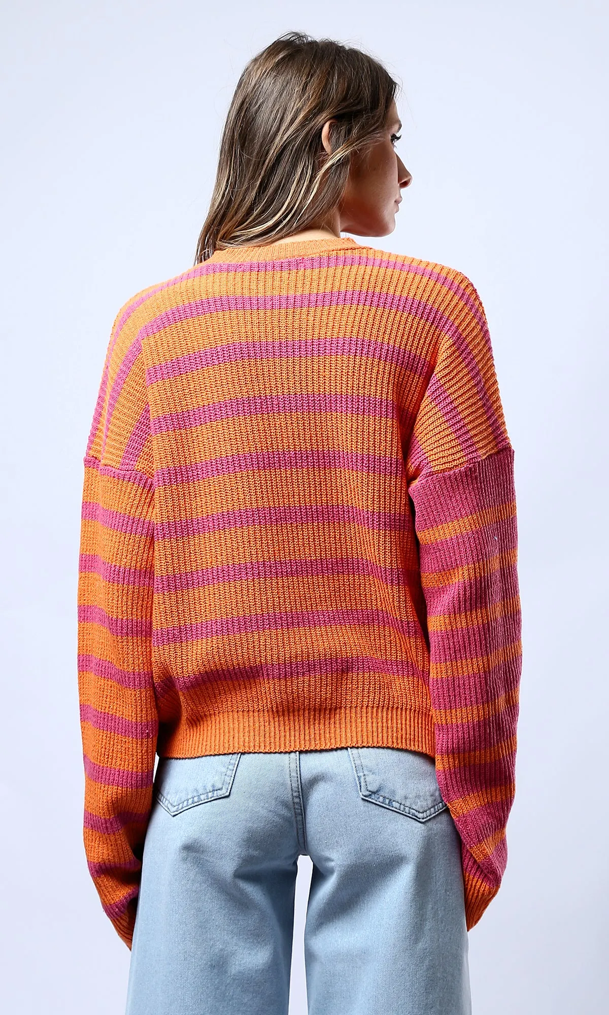 O173662 Bi-Tone Knitted Slip On Pullover - Fuchsia & Orange