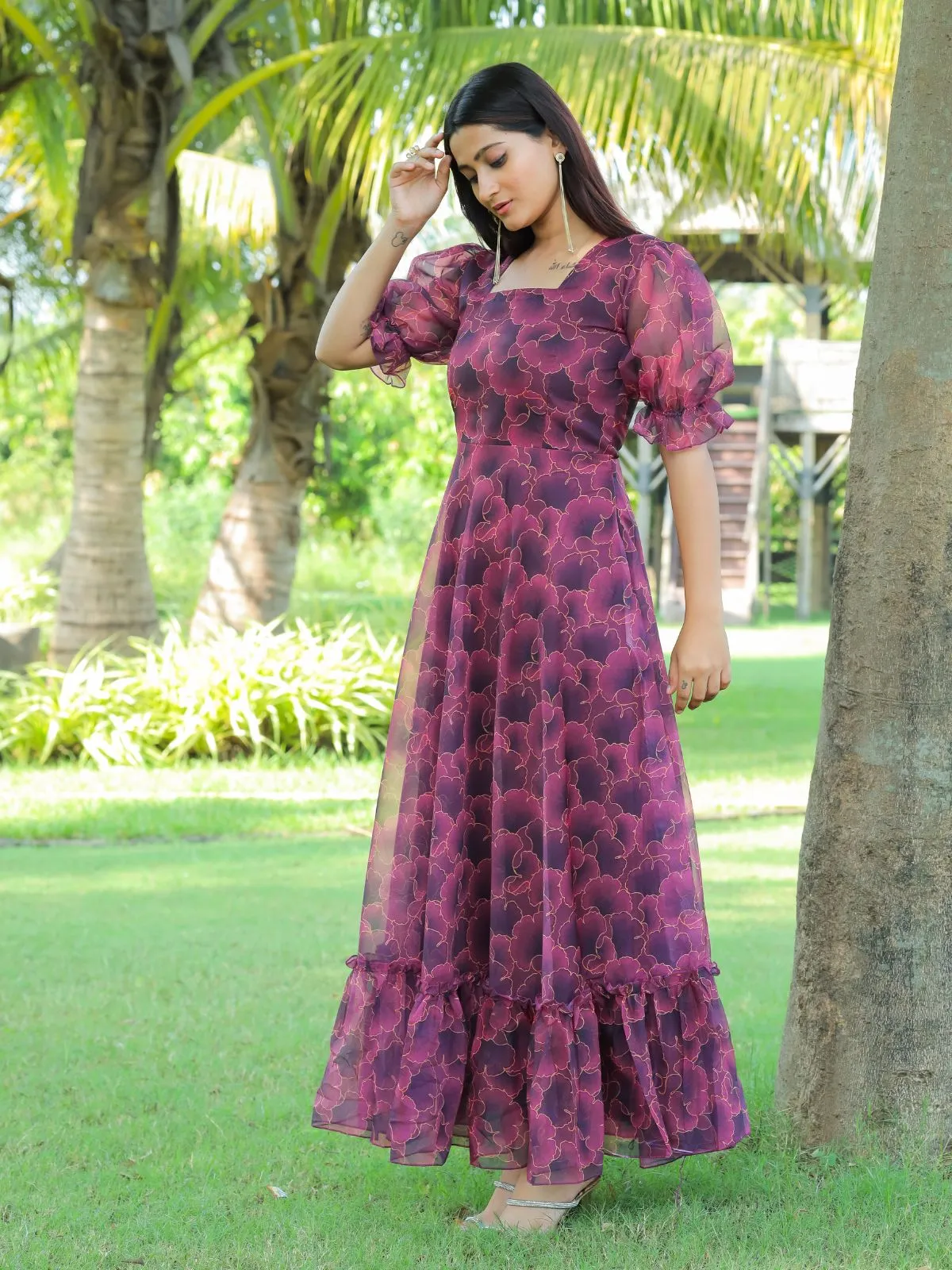 Odette Magenta Georgette Stitched Printed Indo Western Dress For Women