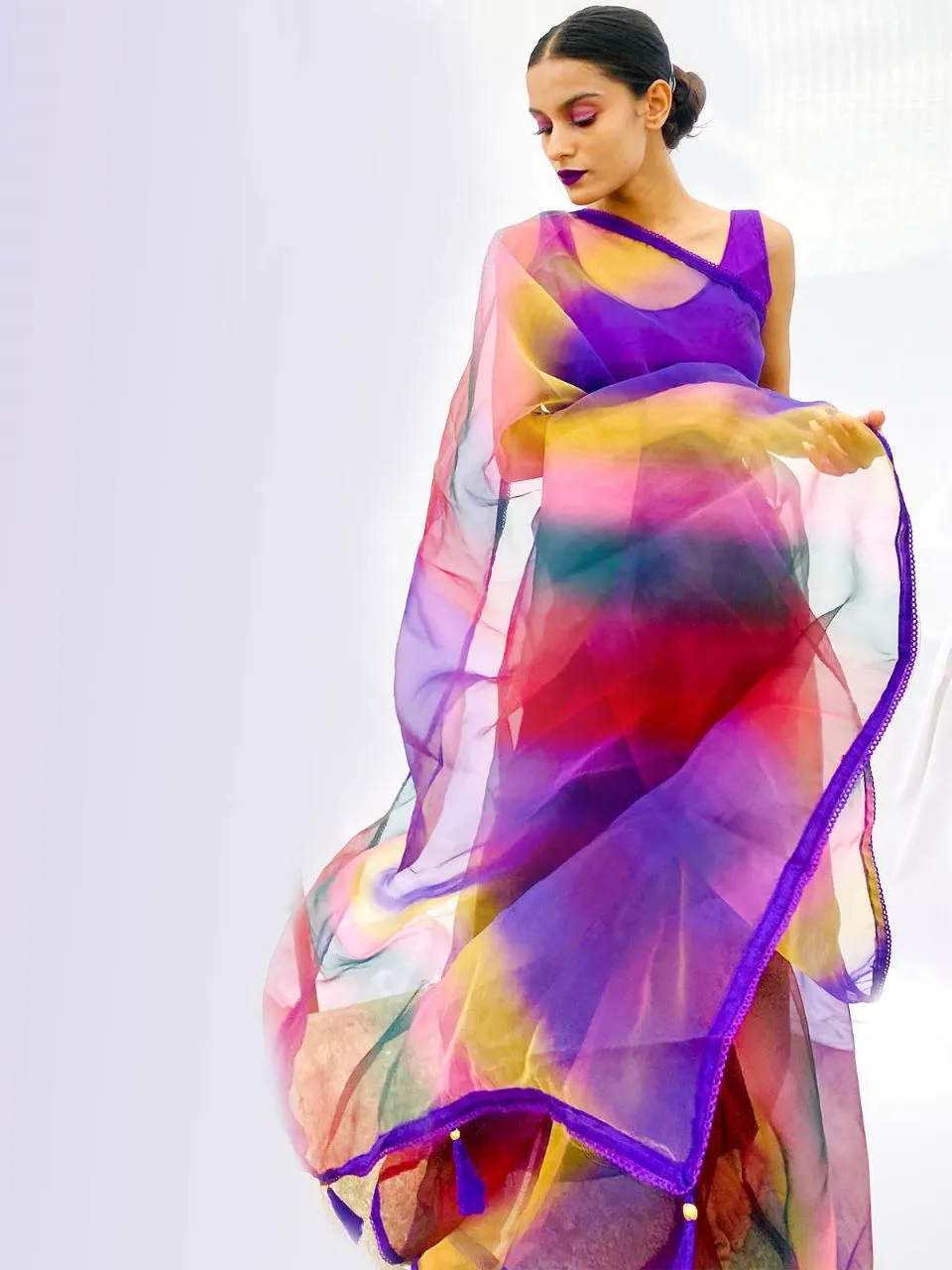 Odette Women Multicolor Organza Saree With Stitched Blouse