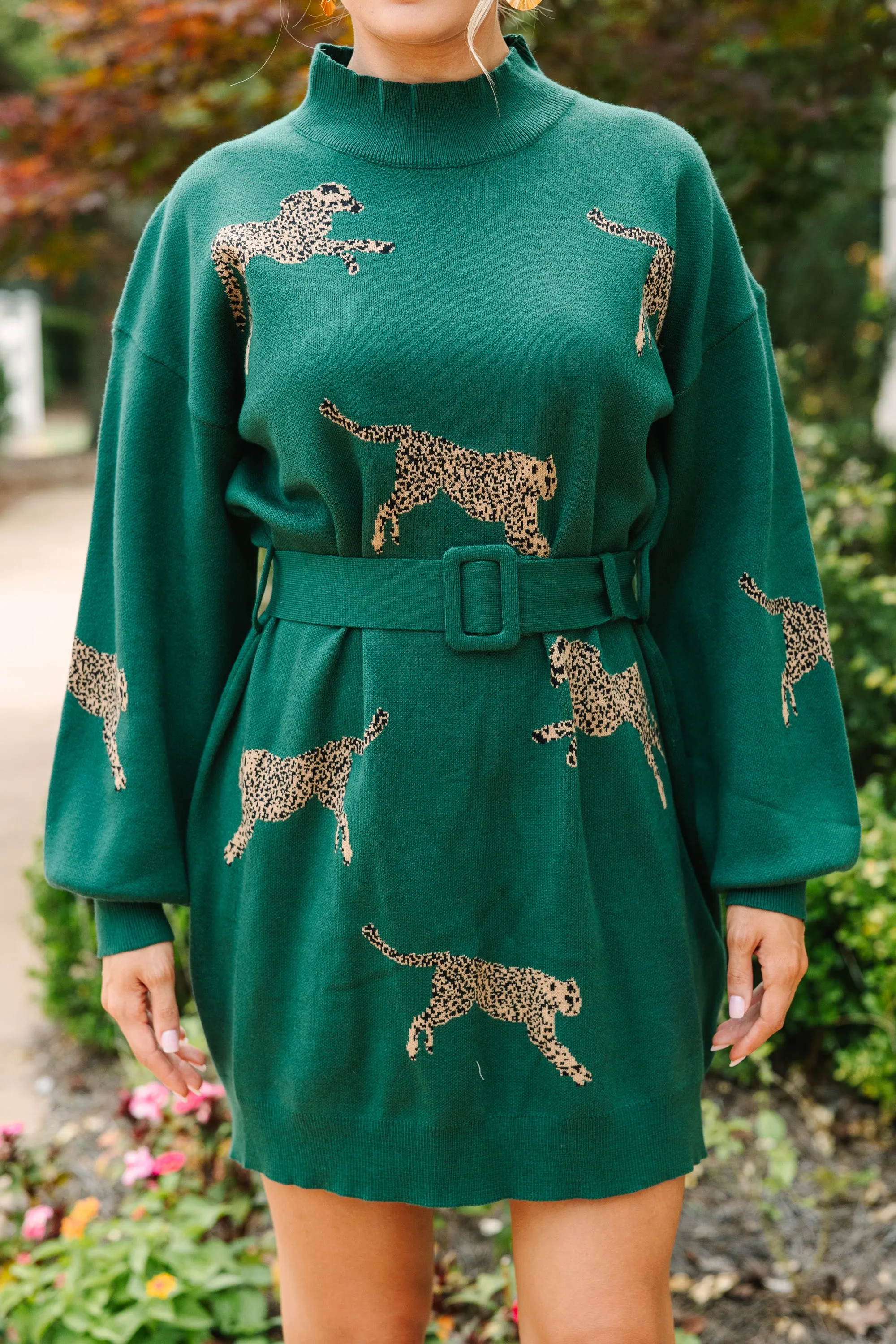 Quick Decisions Hunter Green Cheetah Sweater Dress