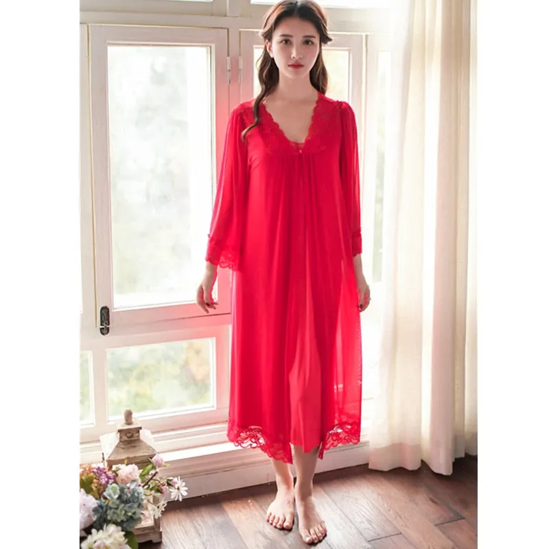 Romantic Two Pieces Sleepwear Women Night Wear Robe Gown Set