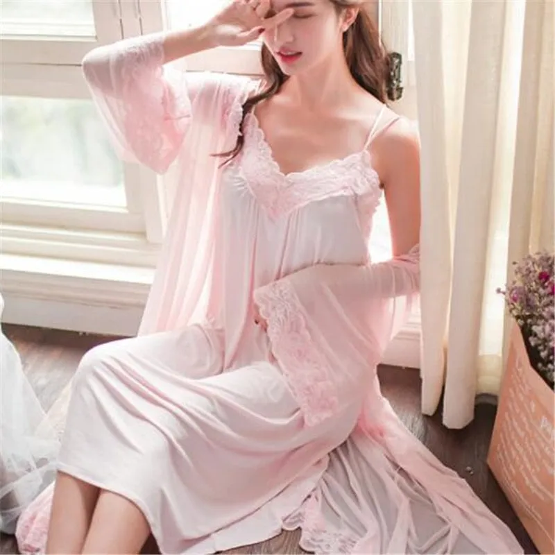 Romantic Two Pieces Sleepwear Women Night Wear Robe Gown Set