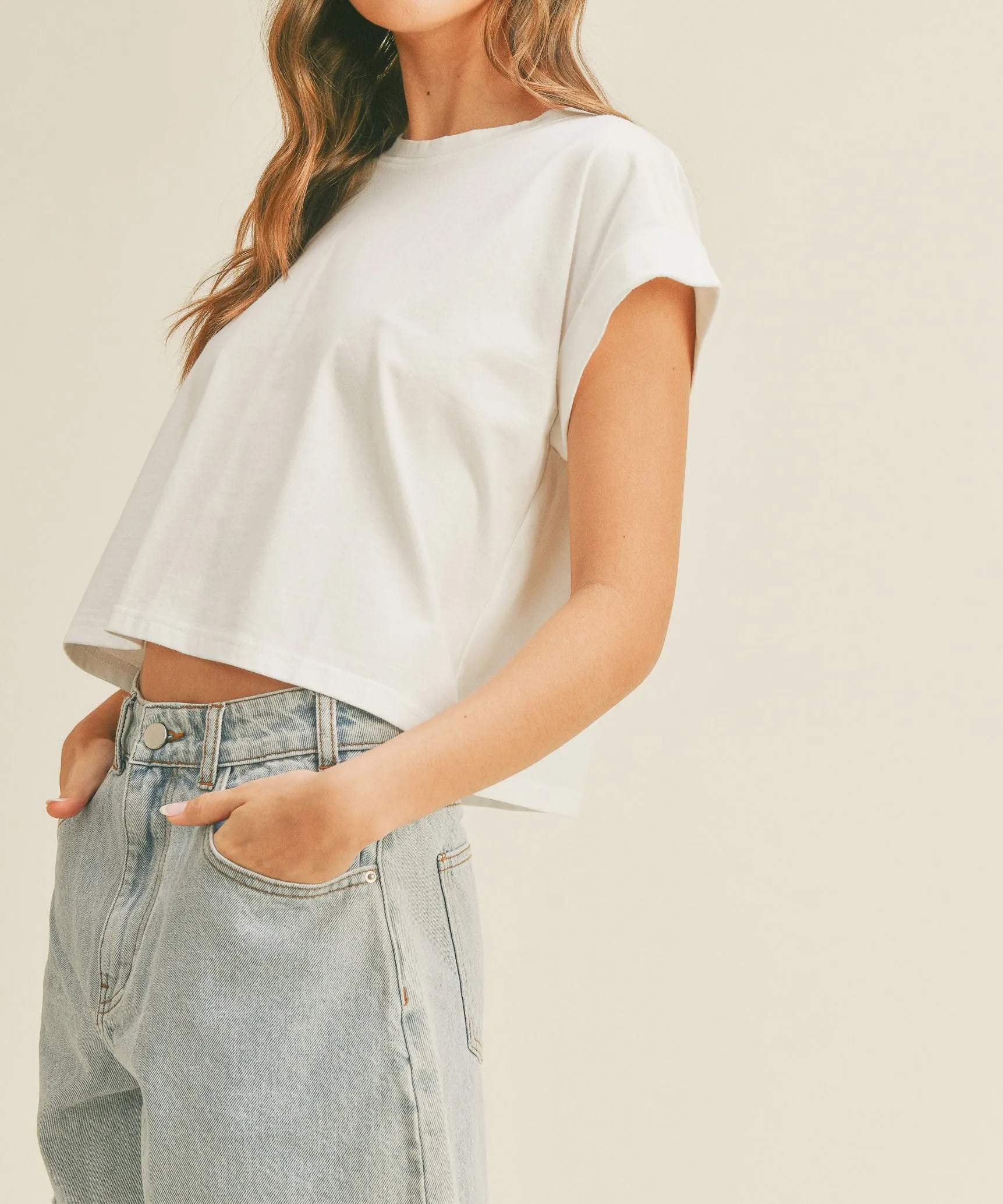 Round Neck Cuffed Sleeve Top - Off White