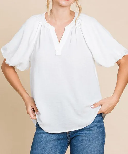 Short Sleeve Puff Sleeve Top - Off White