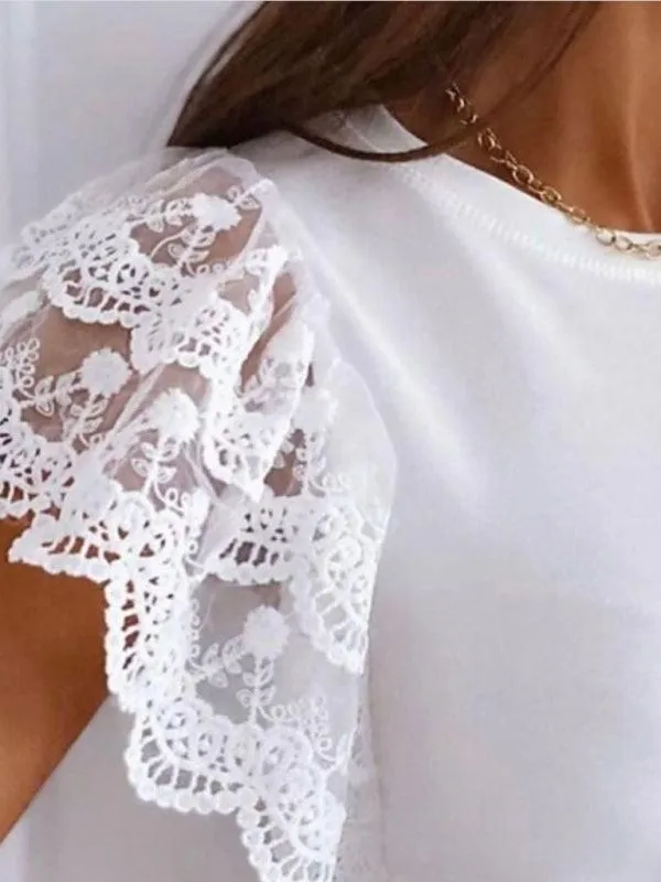 Short Sleeve Round Neck Lace Petal Women Top