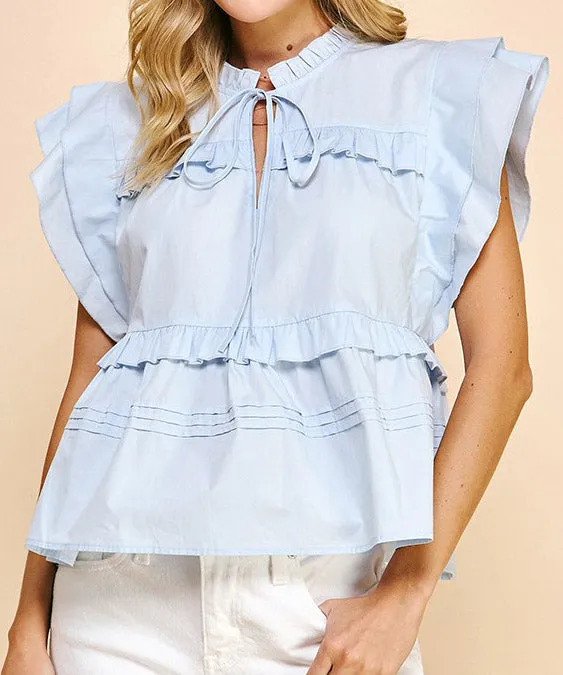 Short Sleeve Ruffle Top - Light Blue