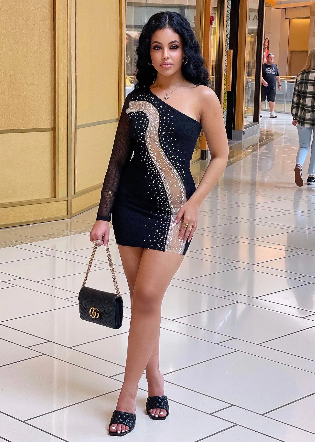 Sitra One Shoulder Mesh Rhinestone Mini Dress