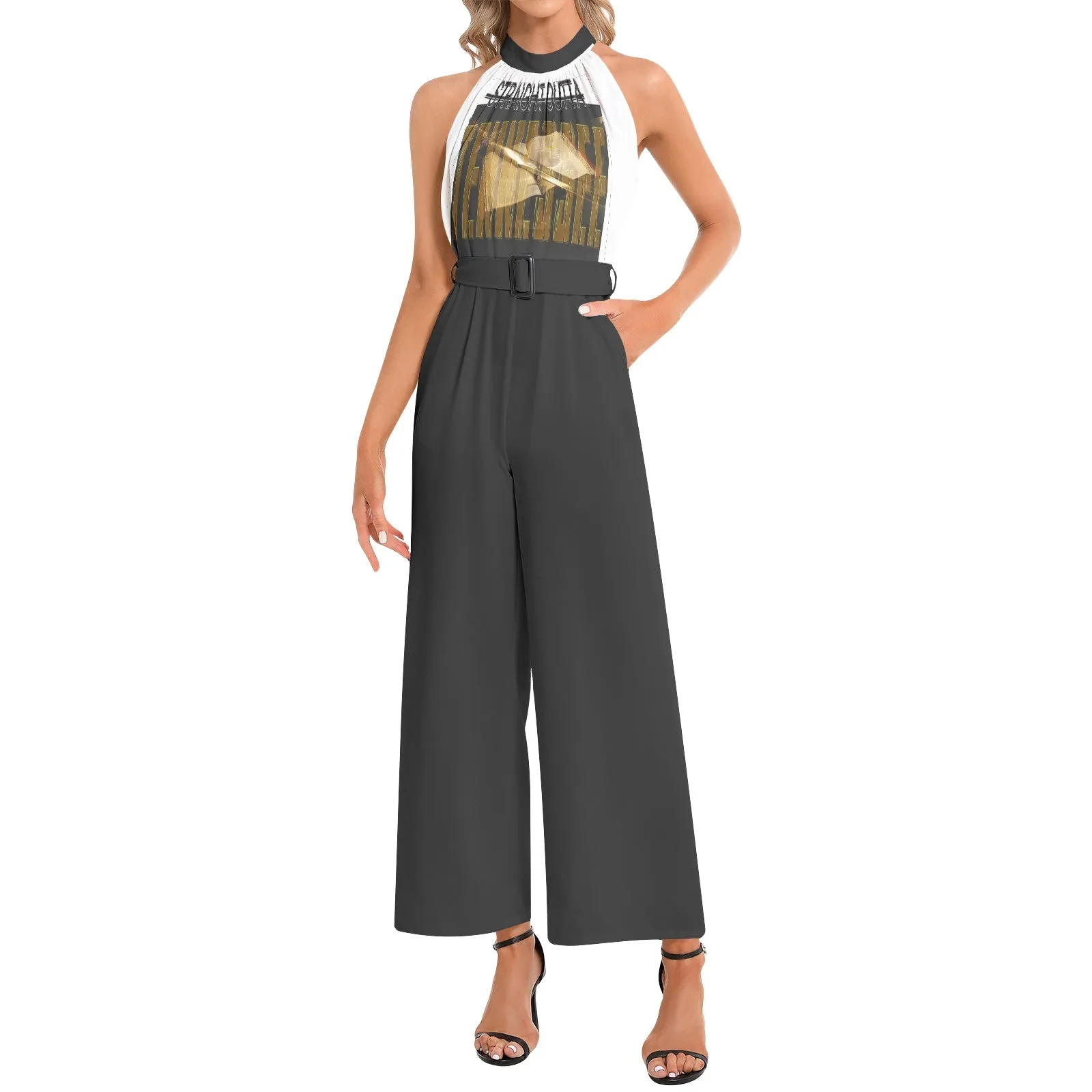 Straight Outta Tennessee 01 Designer Halter Neck Buckle Belted Jumpsuit