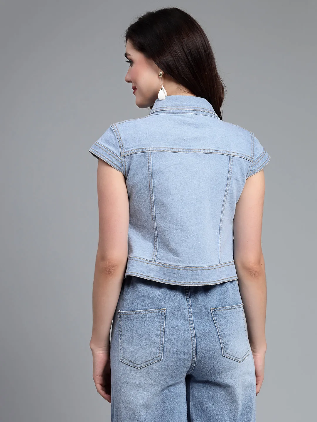 Style Quotient Women Ice Blue Denim Open Front Regular Shrug