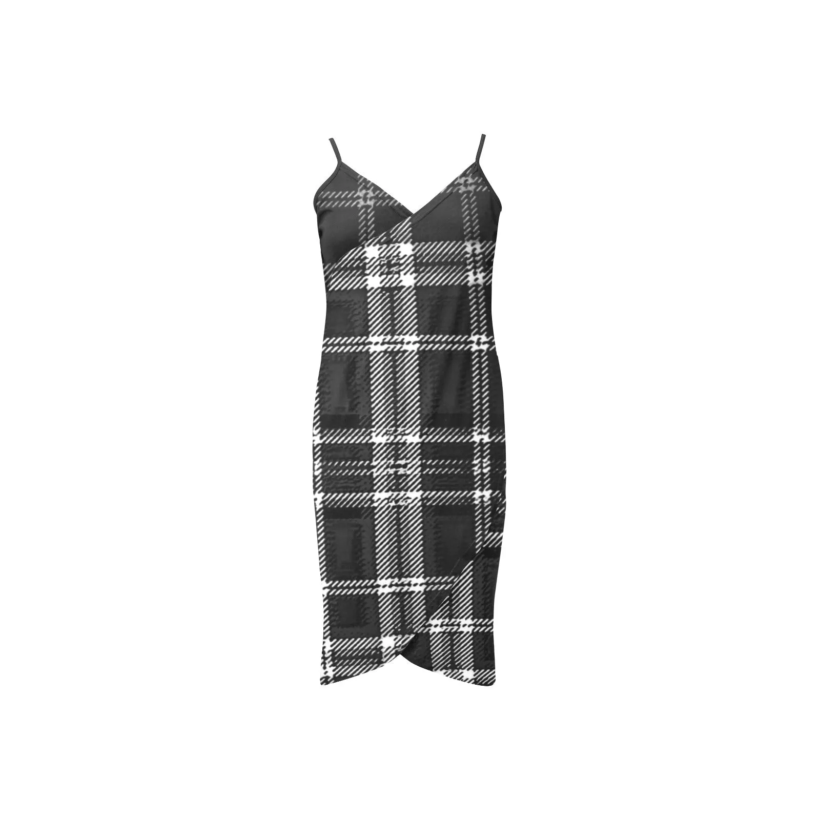 TRP Twisted Patterns 06: Digital Plaid 01-06A Designer Backless V-neck Spaghetti Strap Wrap Midi Dress