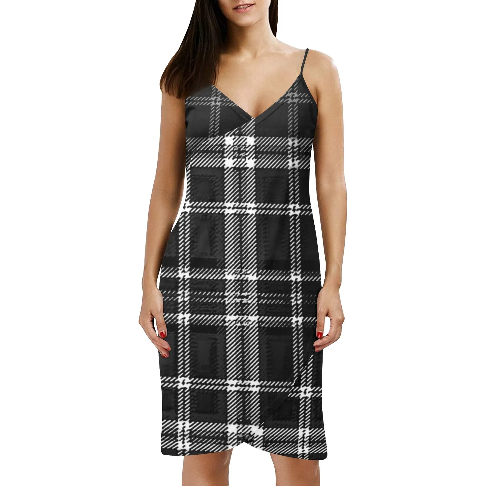 TRP Twisted Patterns 06: Digital Plaid 01-06A Designer Backless V-neck Spaghetti Strap Wrap Midi Dress