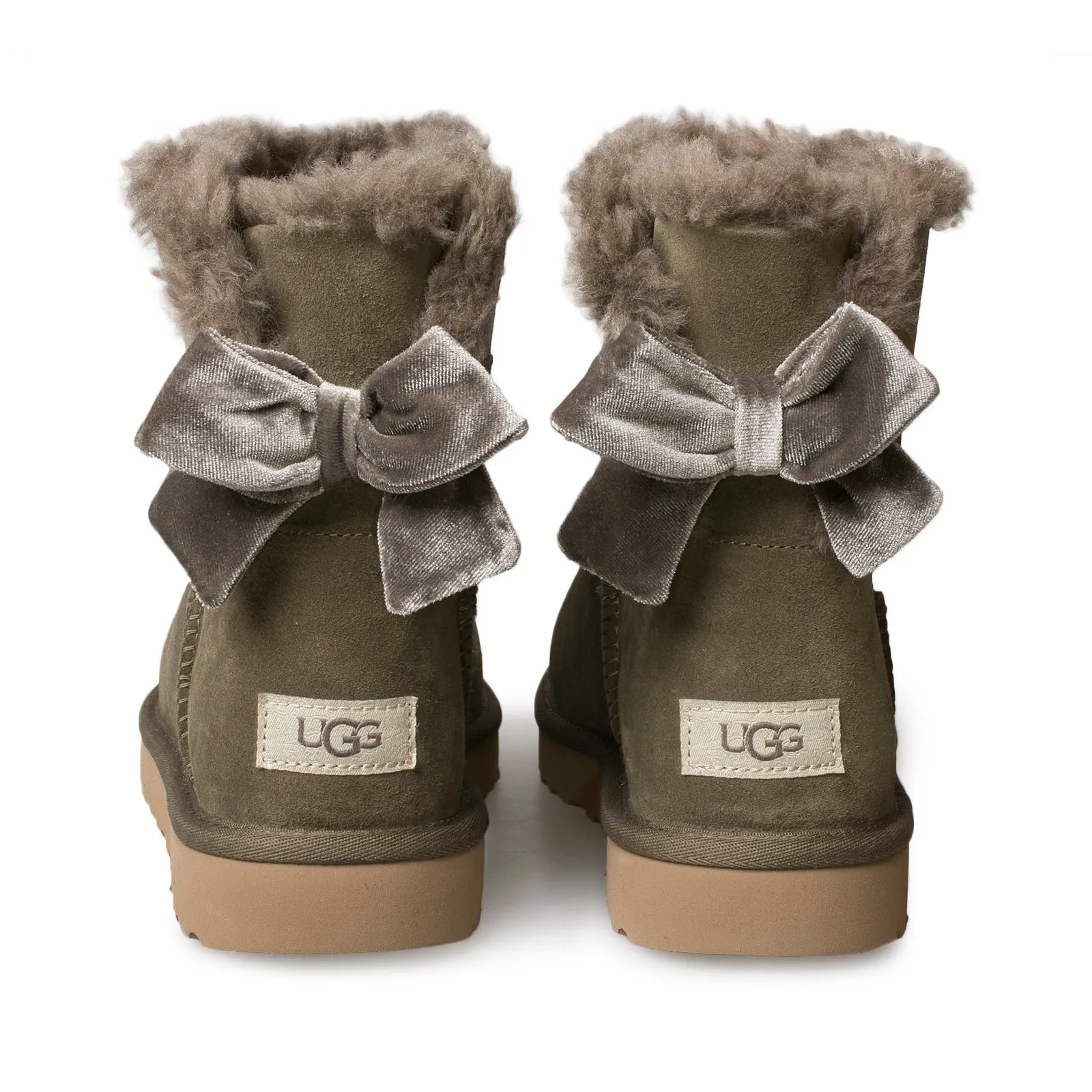 Womens UGG Mini Bailey Bow Velvet Ribbon Boots in Eucalyptus Spray - Stylish and Cozy Footwear