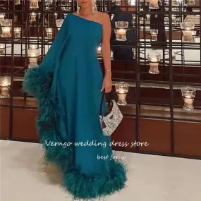 Verger Luxury Feathers Blue Arabic Evening Dresses M 070432984