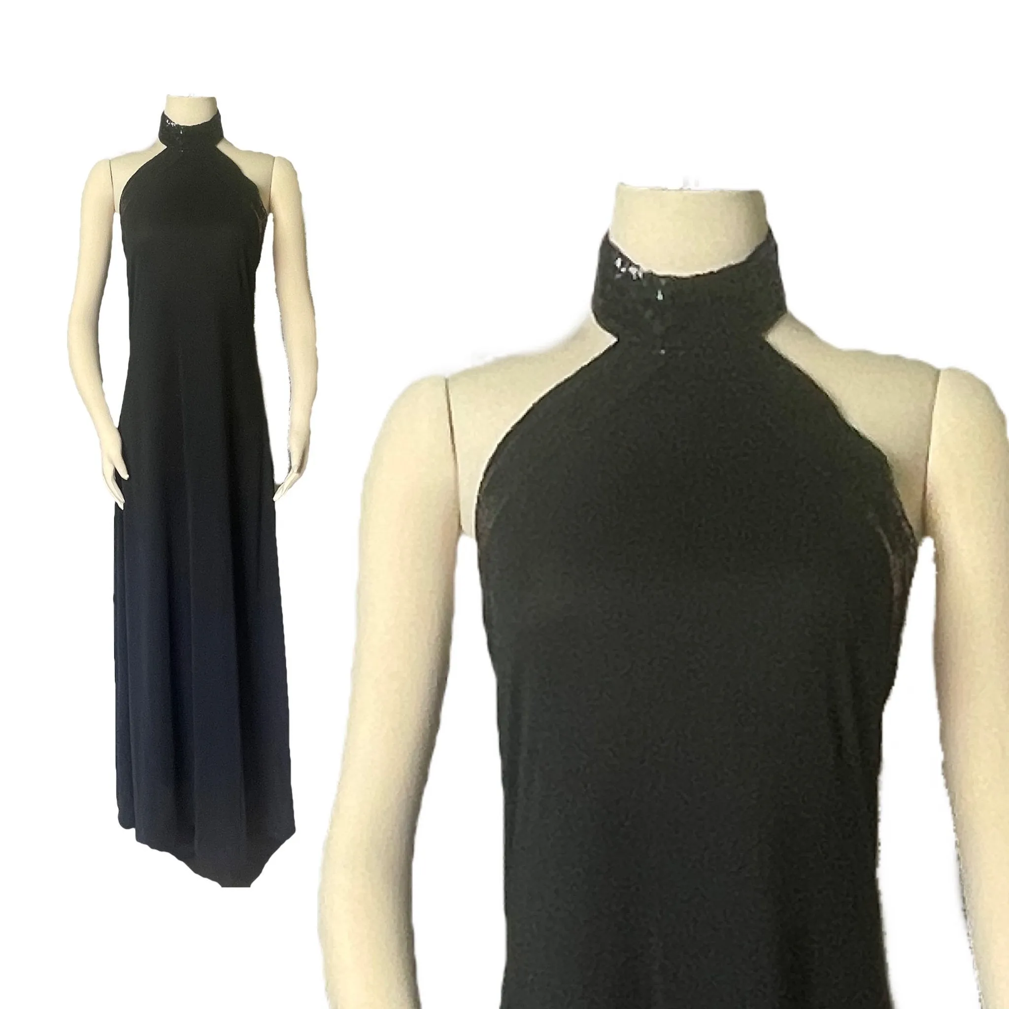 Vintage Black Evening Gown in Halter Style with Black Sequin Accents. Elegant Formal Dress.