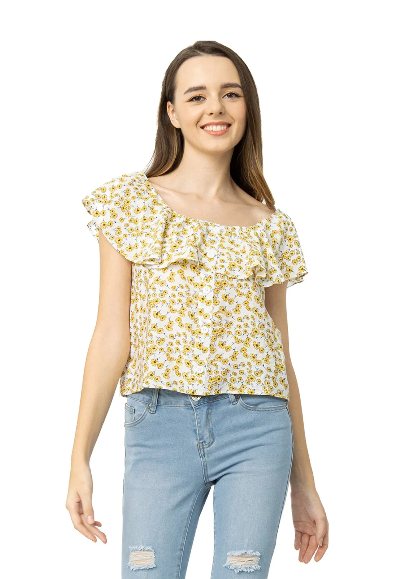 VOIR JEANS Boat Shoulder Spring Garden Ruffles Blouse