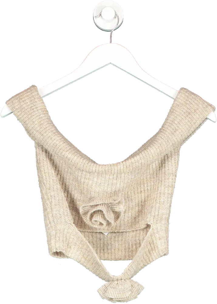 Wanderdoll Beige Blossom Bardot Cut Out Of The Shoulder Crop Top UK S