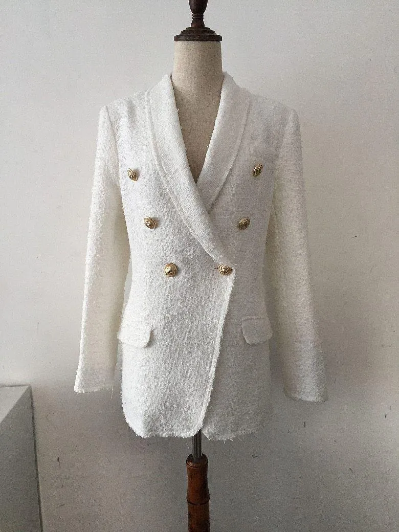 White Tweed Blazer Women - Casual - Plain-Solid