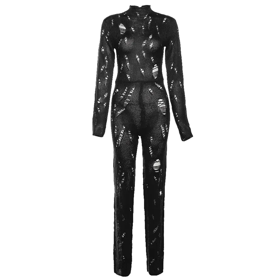 Women Ankle-Length Knitted Jumpsuit Turtleneck Hollow Out Skinny One Piece Jumpsuit