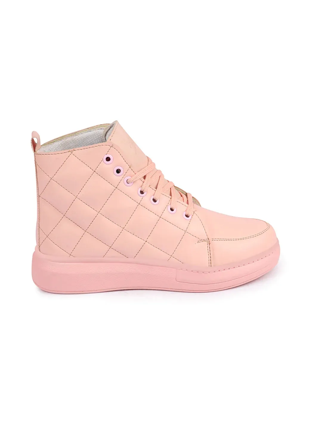 Women Pink High Ankle Top Wedge Heels Stitched Design Lace Up Sneakers Shoes