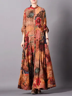 Women Retro Flower Print Long Loose Dress