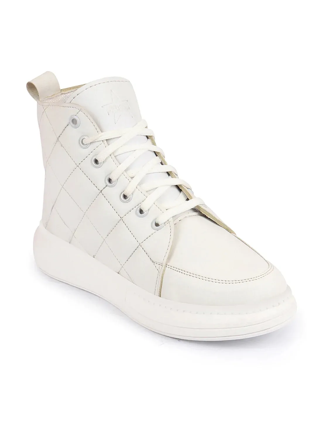 Women White High Ankle Top Wedge Heels Stitched Design Lace Up Sneakers Shoes