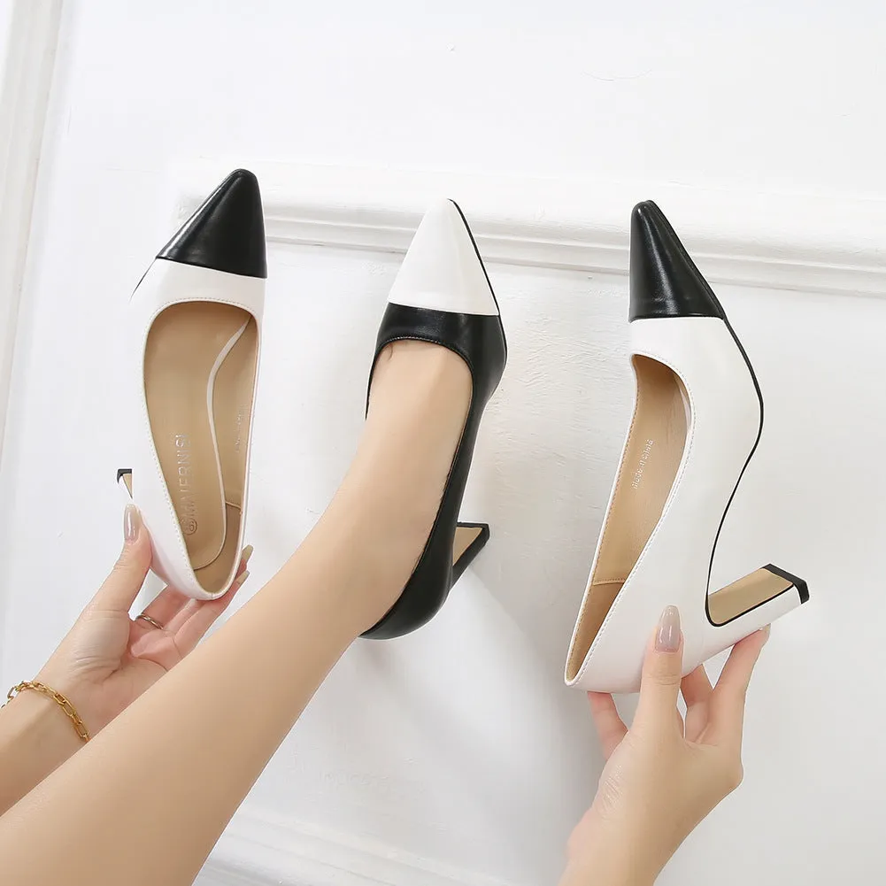 Women's Bicolor Pointed Toe Shallow Chunky Heel Pumps