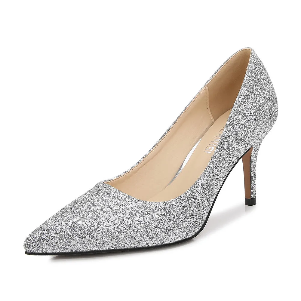 Women's Glittery Pointed Toe Shallow Stiletto Heel Pumps