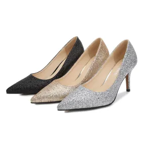 Women's Glittery Pointed Toe Shallow Stiletto Heel Pumps