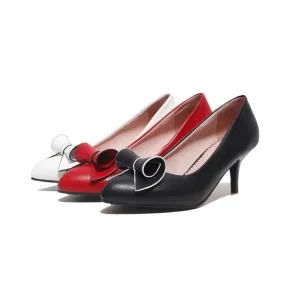 Women's Pointed Toe Bow Tie Shallow Kitten Heel Pumps