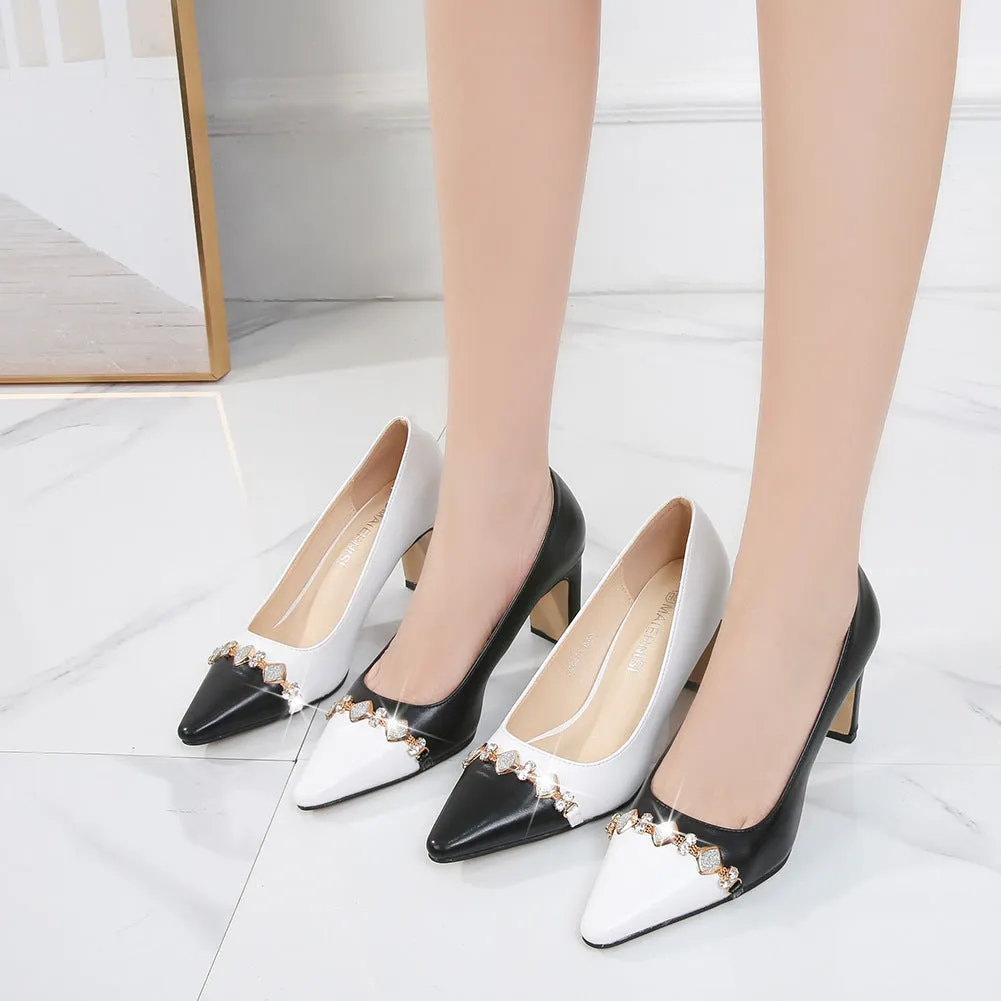 Women's Rhinestone Bicolor Pointed Toe Shallow Chunky Heel Pumps