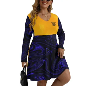 Yahuah-Tree of Life 02-02 Elect Designer V-neck Long Sleeve Flared Plus Size Mini Dress